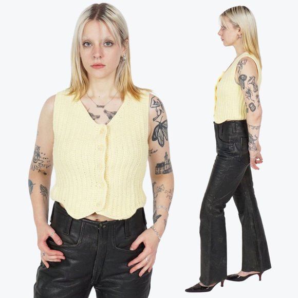 VINTAGE Yellow Knitted Crochet Buttoned Vest - Picture 2 of 3